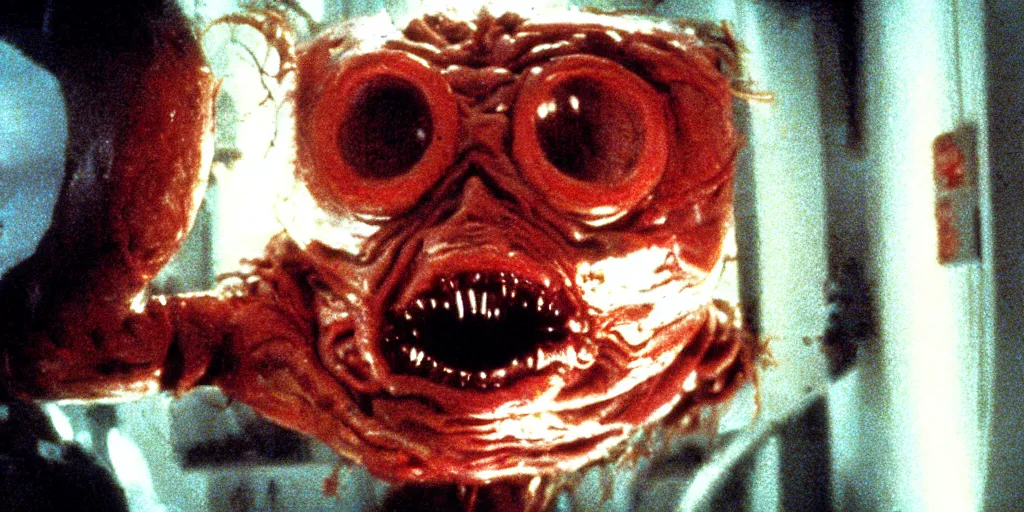 Image similar to filmic extreme wide shot movie still 4k UHD interior 35mm film color photograph of a a detached snarling distorted deformed human head protruding out of a mutated abstract shape shifting organism made of human internal organs, in the style of a horror film The Thing 1982