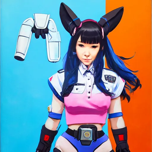 Image similar to D.VA from Overwatch wearing a police uniform by Kim Jung Gi, holding handcuffs in one hand Blizzard Concept Art Studio Ghibli. oil paint. 4k. by brom.