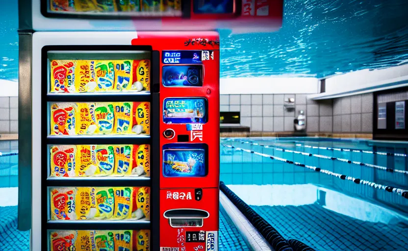 Image similar to photograph of Japanese vending machine submerged in a public pool, one point perspective, 1-point perspective, tilt shift, sigma 85mm f/1.4, 4k, depth of field, high resolution, 4k, 8k, hd, full color