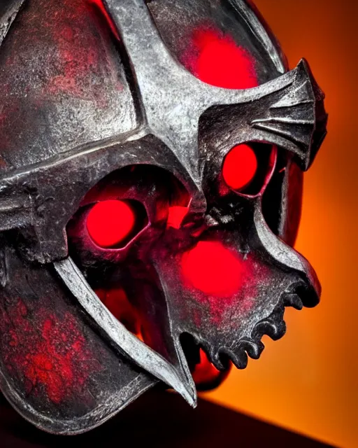 Prompt: medieval helmet in the shape of a demon skull with glowing red eyes,