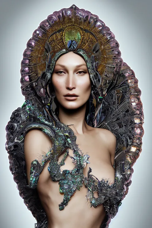 Image similar to a portrait of a beautiful ancient alien woman goddess bella hadid in iris van herpen dress in diamonds and fractals in style of alphonse mucha art nuvo dmt trending on artstation made in unreal engine 4