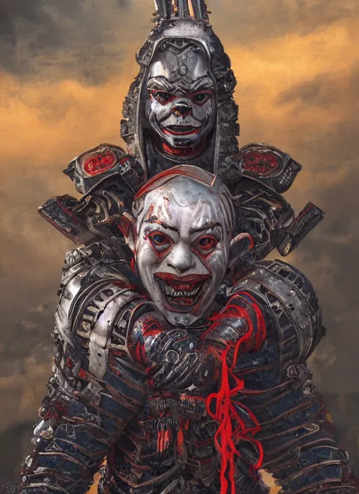Image similar to portrait of a diabolical cyborg clown samurai shaolin girl, torn cape, adaptive armor, dynamic pose, heavy eyes to the side, ancient ruins, glowing veins subsurface scattering, in clouds, sunset, portrait, by gerald brom, by mikhail vrubel, by peter elson, muted colors, extreme detail, reflections, trending on artstation, 8 k