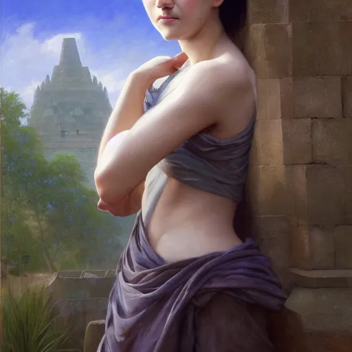 Image similar to expressive oil painting of arya stark at borobudur, smooth glowing skin, glamour shot, by yoshitaka amano, by bouguereau, bygreg rutkowski, by jeremy lipking, by artgerm, digital art, octane render