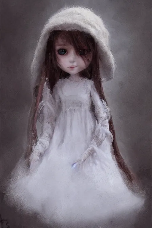 Prompt: cute doll like big eyed tiny girl doll with white dress and fuzzy hat by greg rutkowski