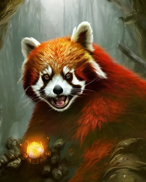 Image similar to Red Panda Shapeshifter Druid Mage, D&D, artstation, fantasy, magic the gathering artwork, cinematic lighting, centered, symmetrical, highly detailed, digital painting, , concept art, smooth, sharp focus, illustration, volumetric lighting, epic Composition, 8k, art by Akihiko Yoshida and Greg Rutkowski and Craig Mullins, oil painting, cgsociety