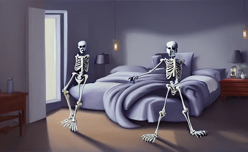 Image similar to matte oil painting of a skeleton dressed in pajamas and nightcaps and robes and slippers inside of a comfy bedroom, sleepy, cozy