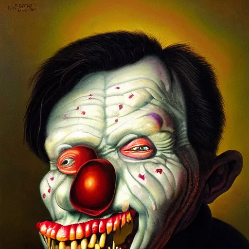 Image similar to oil painting with black background by christian rex van minnen robert williams todd schorr of a portrait of an extremely bizarre disturbing mutated man with acne intense chiaroscuro lighting perfect composition masterpiece