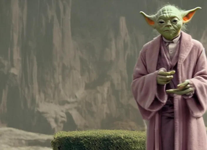 Prompt: a film still of cosplay of yoda in the grand budapest hotel ( 2 0 1 4 )