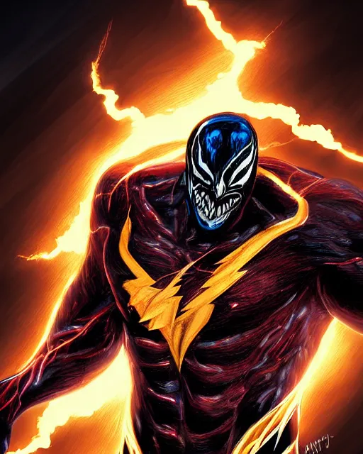 Image similar to venom as the flash, dynamic lighting, fantasy concept art, trending on art station, stunning visuals, creative, cinematic, ultra detailed, comic strip style