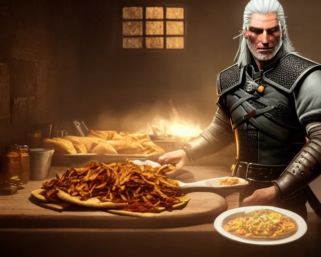 Image similar to 5 5 mm portrait photo of geralt of rivia serving shawarma, in kaer morhen. dark atmosphere. art by greg rutkowski. highly detailed 8 k. intricate. lifelike. soft light. nikon d 8 5 0.