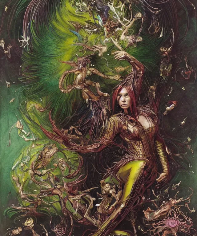 Image similar to a portrait photograph of a fierce mutated harpy super villian with slimy skin. she looks like elizabeth olsen and is meditating in a colorful infected bulbous shiny organic catsuit. by donato giancola, hans holbein, walton ford, gaston bussiere, peter mohrbacher and brian froud. 8 k, cgsociety, fashion editorial