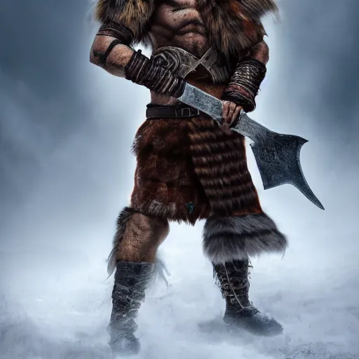 Image similar to a dnd barbarian wearing a fur coat, shoulder armor and holding an axe, high resolution film still, 4k, HDR color
