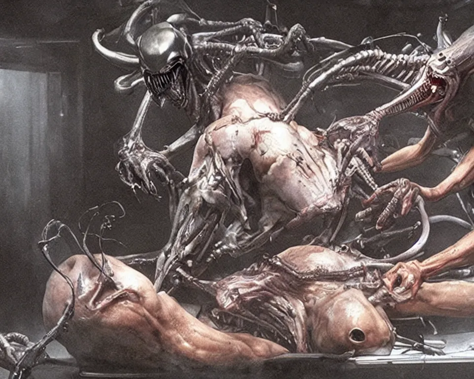 Image similar to a xenomorph performin surgery on a dead fish