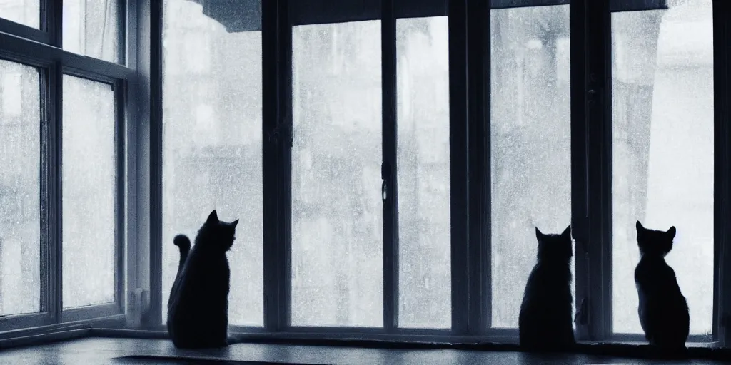 Prompt: silhouette of a girl and her cat, looking out a window on a rainy day, inside a cozy apartment, with a city view. atmospheric, moody, cozy, rainy day, backlit, multiple colors