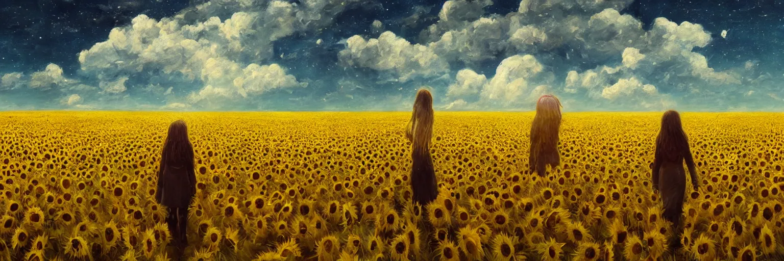 Image similar to giant sunflower as a head, girl walking in wheat field, hills, surreal photography, dark night, star trails, dramatic light, impressionist painting, clouds, digital painting, artstation, simon stalenhag