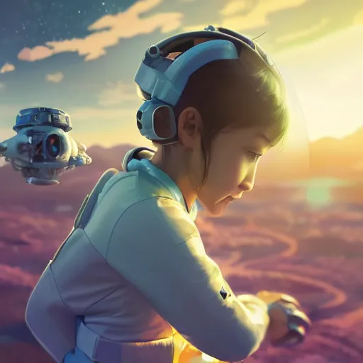 Image similar to astroneer chasing a distant spaceship Anime, wide angle, fine details, cinematic. galaxy starscape. realistic shaded lighting by Ilya Kuvshinov Giuseppe Dangelico Pino and Michael Garmash and Rob Rey greg rutkowski, octane render, IAMAG premiere, aaaa achievement collection, elegant freckles, cinematic hologram, fabulous, daily deviation, 4k, 8k, annual award winner