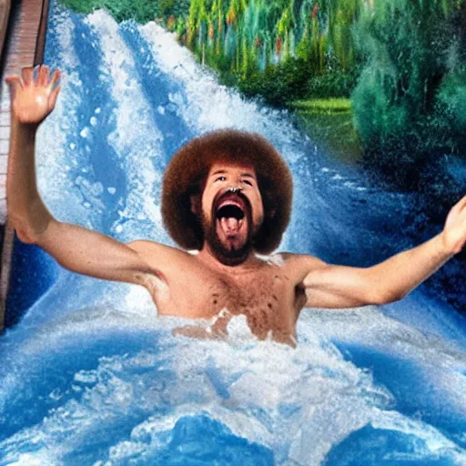 Prompt: bob ross screaming down a giant water slide