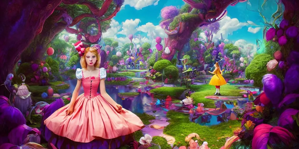 Image similar to Alice, Alice in wonderland, colorful, wide angle, super highly detailed, professional digital painting, artstation, concept art, smooth, sharp focus, no blur, no dof, extreme illustration, Unreal Engine 5, Photorealism, HD quality, 8k resolution, cinema 4d, 3D, beautiful, cinematic, art by artgerm and greg rutkowski and alphonse mucha and loish and WLOP