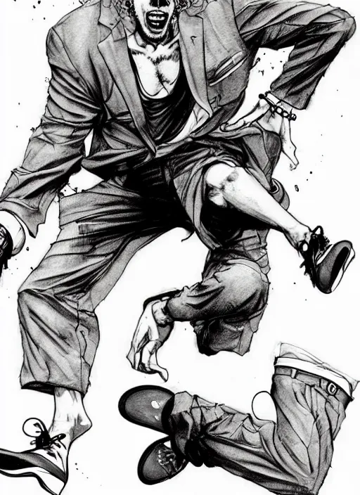 Prompt: a funky disco crackhead jumping around in the club, by takehiko inoue and kim jung gi, masterpiece ink illustration, realistic face and anatomy