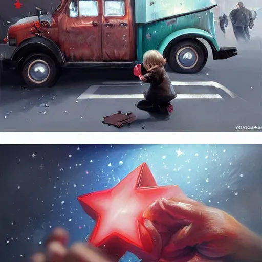 Image similar to close up of child's hand attaching a star - shaped sticker to a truck, digital art by ruan jia and mandy jurgens and artgerm, highly detailed, trending on artstation, award winning