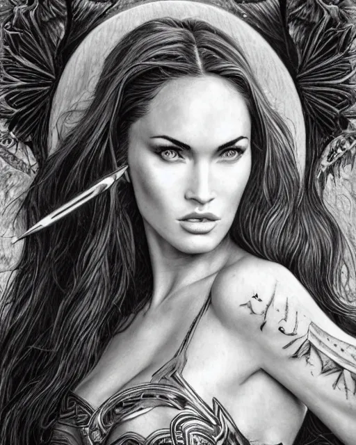 Image similar to pencil drawing of beautiful megan fox as greek goddess aphrodite, archer warrior, sagittarius tattoo, beautiful piercing eyes, flowing blonde hair, realistic face, hyper realistic, in the style of greg rutkowski, fantasy, amazing detail, epic, intricate, elegant, smooth, sharp focus