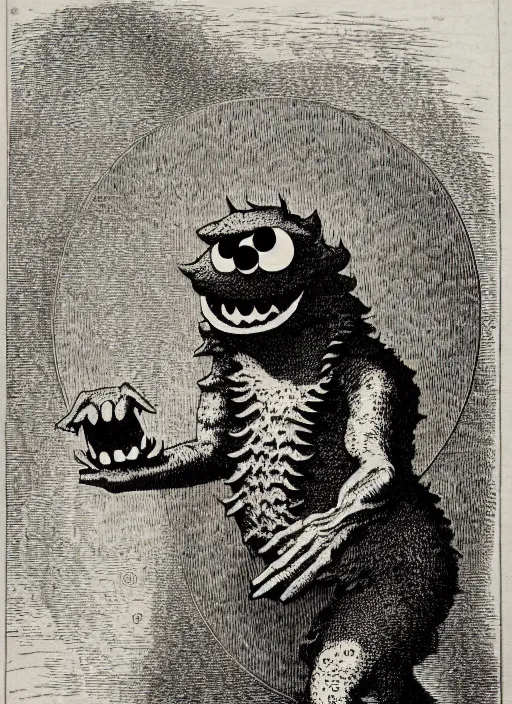 Image similar to cookie monster as a demon from the dictionarre infernal, etching by louis le breton, 1 8 6 9, 1 2 0 0 dpi scan, ultrasharp detail, clean scan