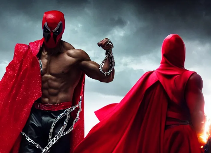 Image similar to film still of michael b jordan as spawn in the new spawn movie, giant chains, large cape, 8 k