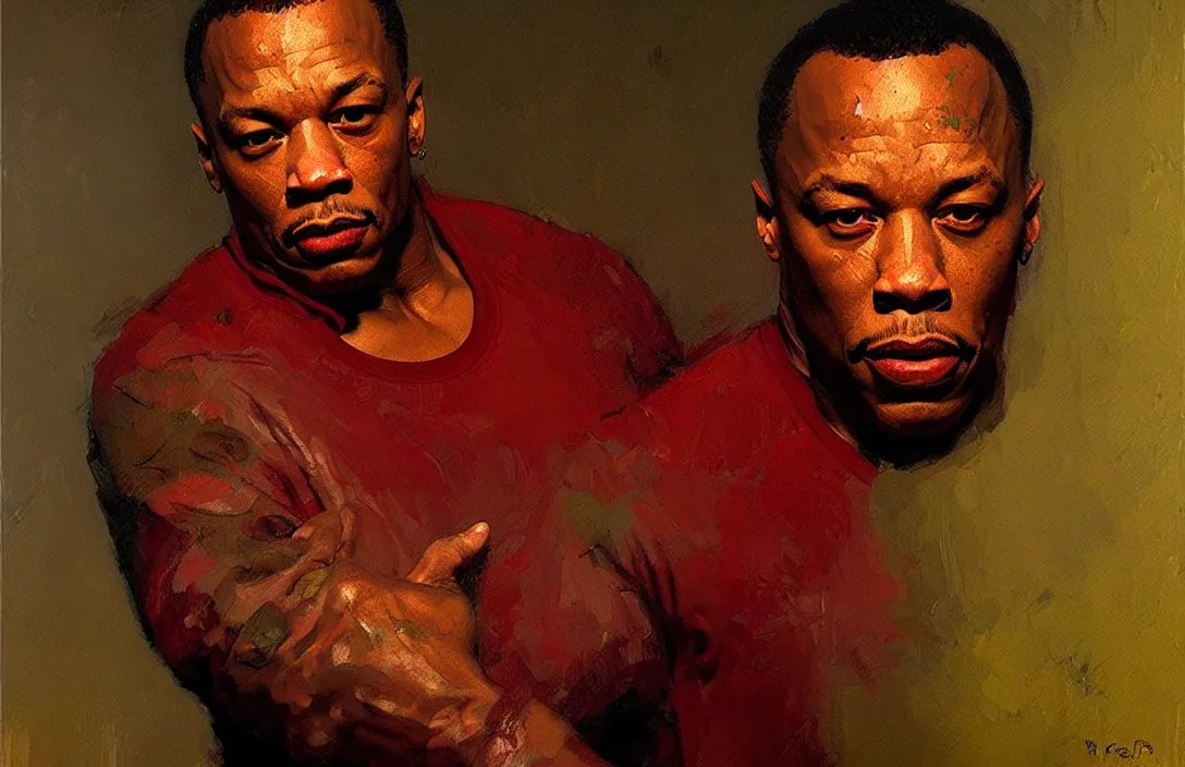 Image similar to portrait of dr dre!!!!!!!!!!!!!!!!!!!!!!!!!!!, detailed face, detailed painting,, epic lighting, by ilya repin, phil hale and kent williams