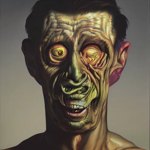 Prompt: oil painting by christian rex van minnen of a portrait of an extremely bizarre disturbing mutated man with intense chiaroscuro lighting perfect composition