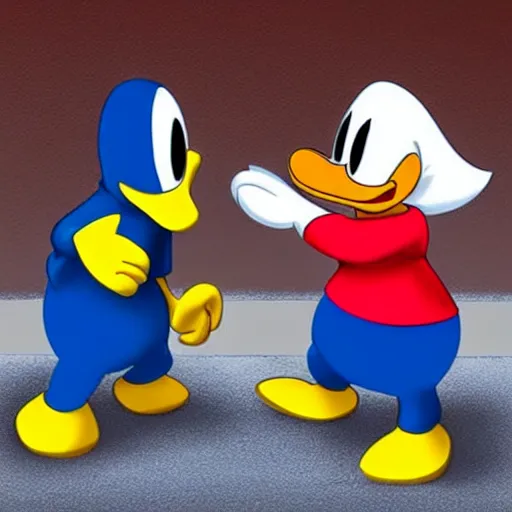 Prompt: Dolan duk and Donald Duck having a boxing match