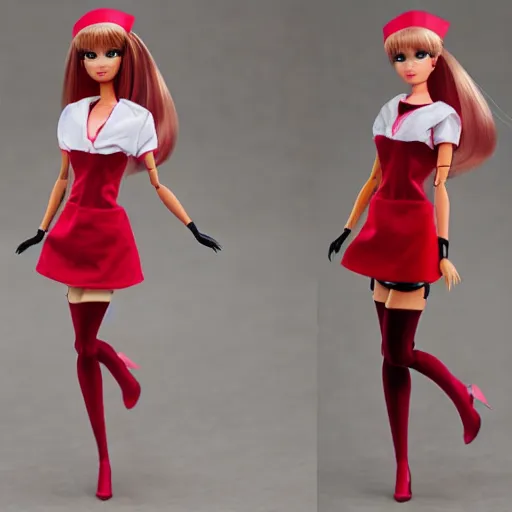 Image similar to anime barbie doll, in red velvet stockings, a nurse's dress, full length, heels on her feet