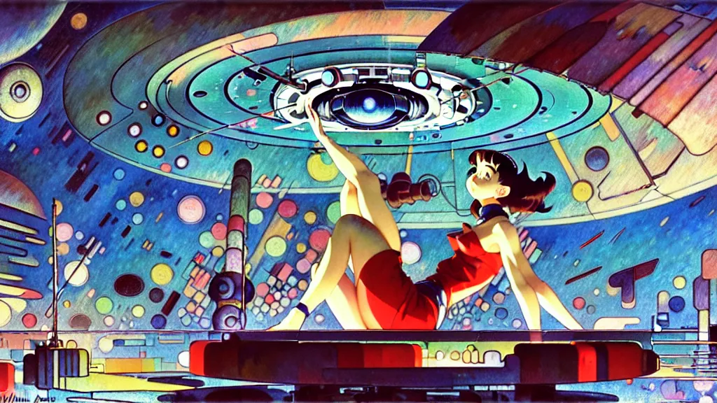 Prompt: a film still of a 1 9 5 0's mechanic anime girl sitting on top of flying ufo landing in hangar of giant ufo spaceship, kandinsky, trending on pixiv fanbox, painted by gaston bussiere, makoto shinkai, akihiko yoshida, gaston bussiere, craig mullins