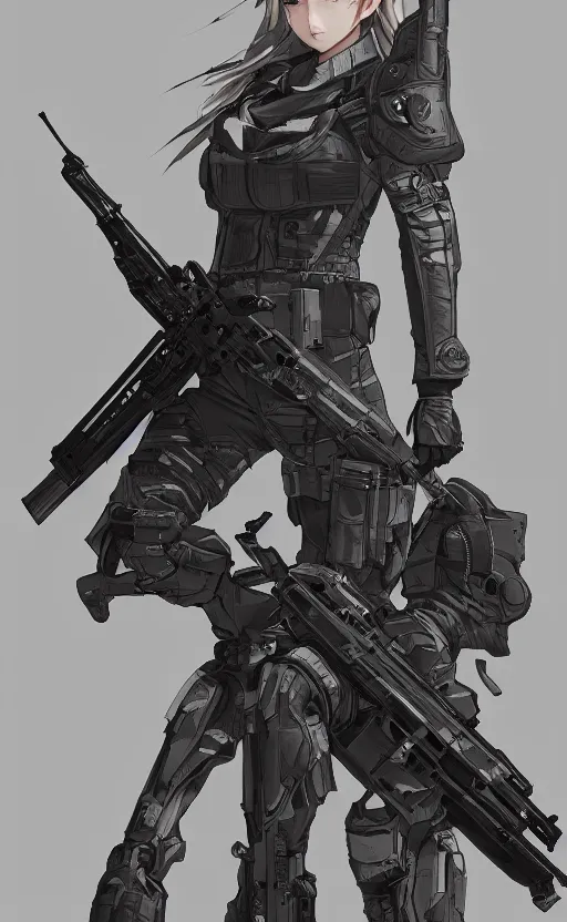 Image similar to highly detailed, high resolution, character design art, stunning, volumetric lightning, realistic guns, girls frontline style, matte, sharp focus, 130mm, illustration, artstation, by yusuke kozaki, realistic human anatomy, simple design, realistic military gear, metal gear style, videogame inspired, realistic faces, ballistic pads