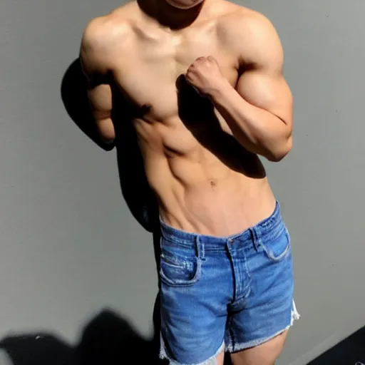 Image similar to a blond korean 2 0 year old man with large muscles and abs