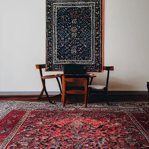 Image similar to a room with a chair, a table, a speaker and a persian carpet, unsplash, postminimalism, aesthetic, cluttered