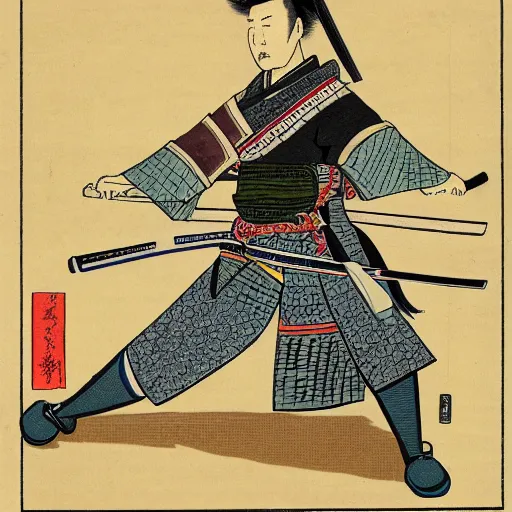 Prompt: a portrait of a samurai doing the overhead cut sword technique