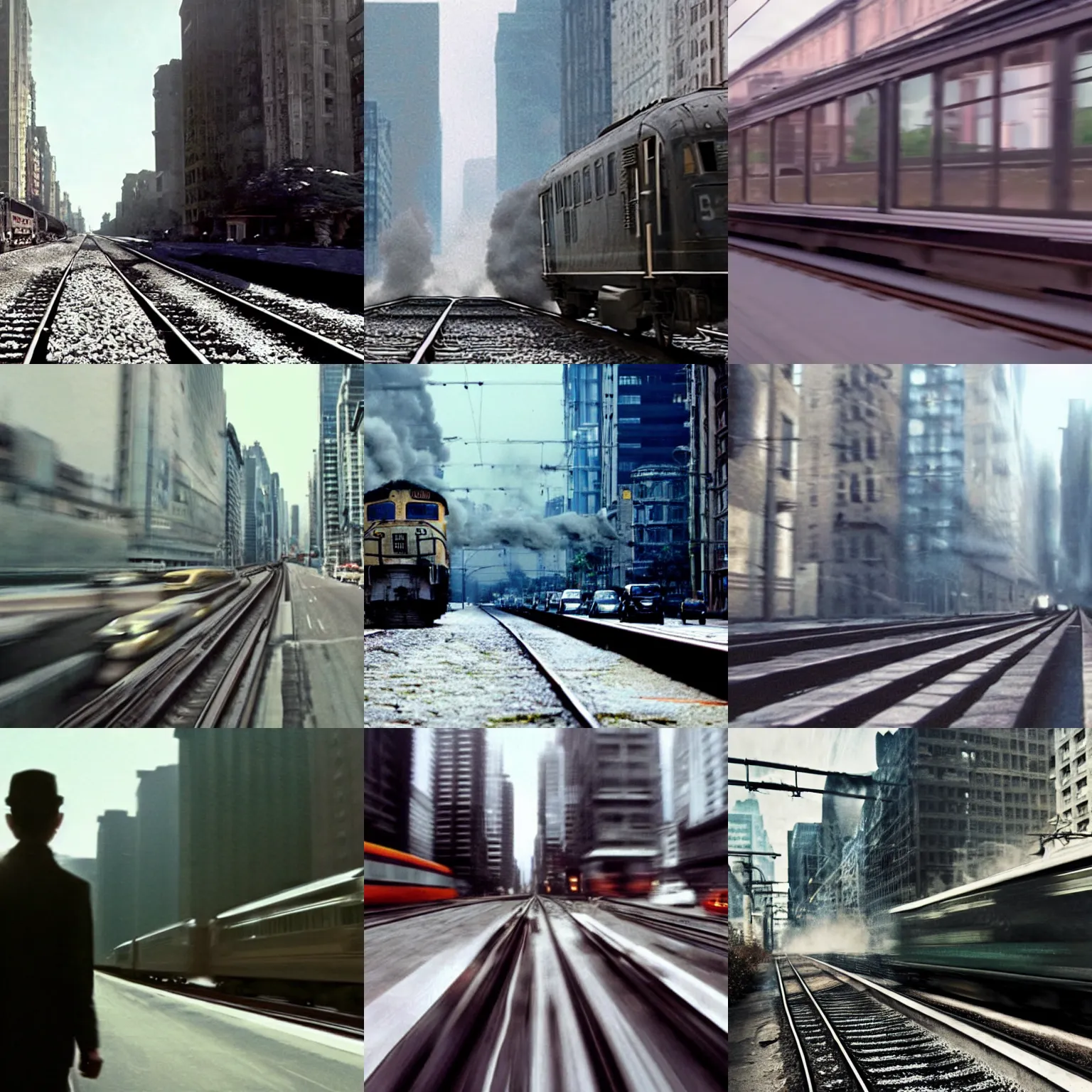 Prompt: Train driving through a street, film still from Inception