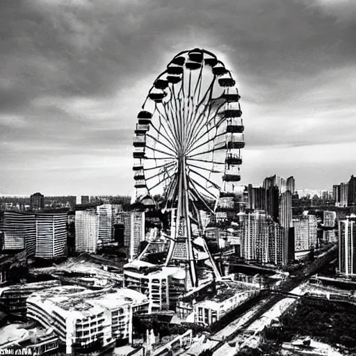 Prompt: A ruined city floating, in the sky, metropolises, modern, overgrown, a giant Ferris wheel