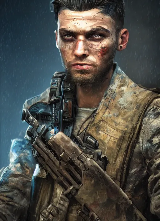 Image similar to A stunning comic book style portrait painting of a male post apocalyptic soldier, unreal 5, DAZ, hyperrealistic, octane render, cosplay, RPG portrait, dynamic lighting