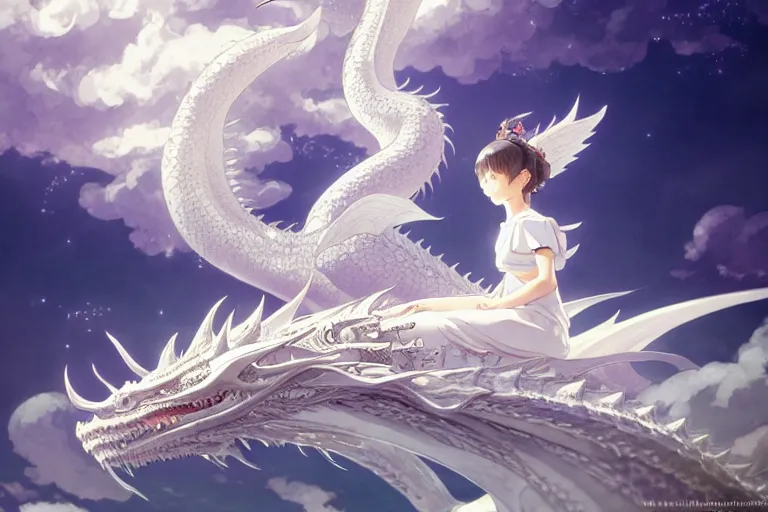 Image similar to the beautiful hyper detailed big scene render that a beautiful girl sitting on the back of a huge silver white dragon alone in fairyland surrounded by white clouds, finely detailed angelic face delicate features, style of studio ghibli, makoto shinkai, artgerm, karol bak, kazuki tanahashi, james jean, ross tran, xision, ultra wide angle