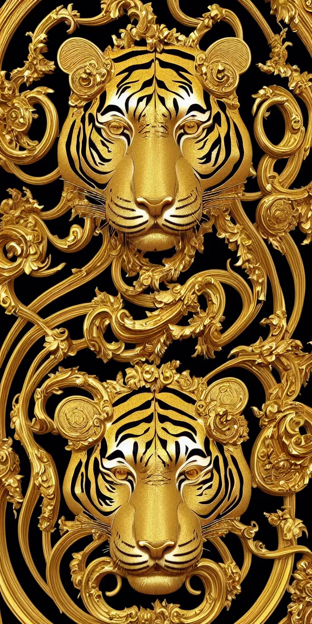 Prompt: beautiful portrait of a large ornate and intricate rococo tiger face, symmetric, carved marble with gold accents, 3 d, photorealistic, front facing, centered, hyper detailed, gold plated on black background, wallpaper, detailed and intricate emblem, baroque medallion,