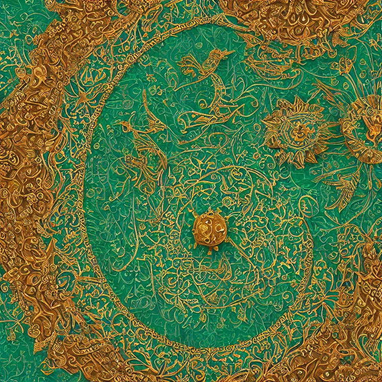 Image similar to arabic ornament with mystic birds and flowers, highly detailed, photorealistic, octan render, 3 d, green and gold,