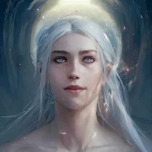 Prompt: a portrait of a beautiful smiling lady with adorable eyes, pretty eyes, beautiful eyes, looking up onto the sky, smiling, art of wlop and greg rutkowski, epic fantasy art, bright light masterpiece, ray of light through white hair