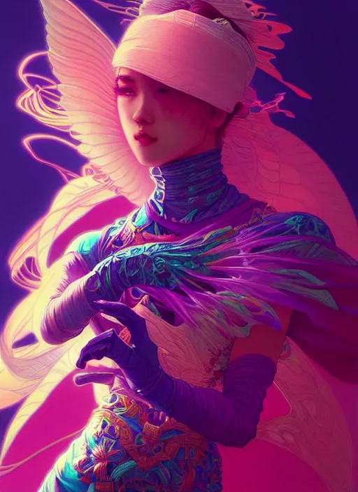 Prompt: hyper detailed ultra sharp of a beautiful ninja girl. trending on artstation, vaporwave aesthetic, synthwave, colorful, psychedelic, ornate, intricate, digital painting, concept art, smooth, sharp focus, illustration, art by artgerm and greg rutkowski and alphonse mucha, 8 k