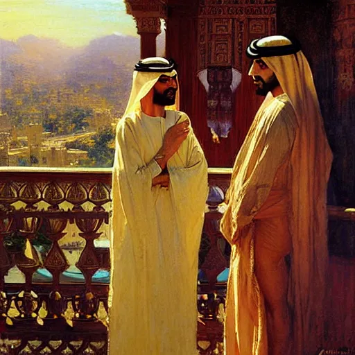 Image similar to attractive arab king confesses his love for his attractive male prince, in balcony of palace, above a river,. highly detailed painting by gaston bussiere, craig mullins, j. c. leyendecker
