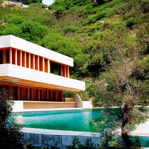 Prompt: House designed by Frank Lloyd Wright on a Greek island