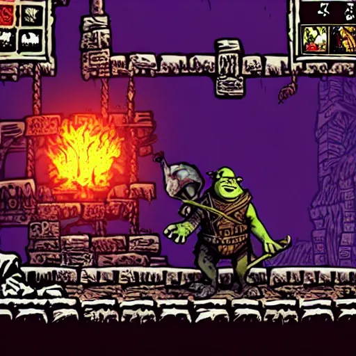 Image similar to shrek as a boss in darkest dungeon, screenshot from a game, highly detailed, dark atmosphere, concept art, 2 d, sideview, cosmic horror, body horror, lovecraft mythos