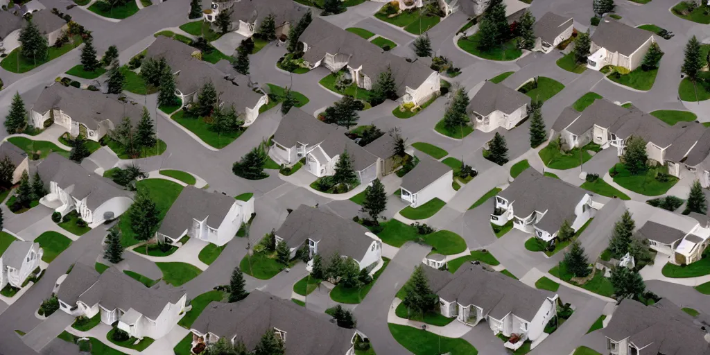 Prompt: suburbs, film still from the truman show, crane shot from above