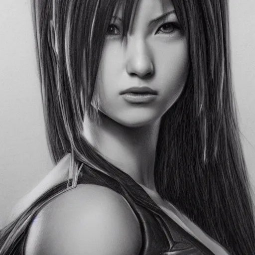 Image similar to hyper realistic pencil drawing of tifa lockheart, detail,