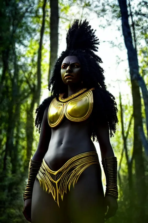 Image similar to hyperrealistic mithra black woman in armor in a forest sun behind her concept art eric zener elson peter cinematic side soft yellow light low angle hd 8k sharp shallow depth of field